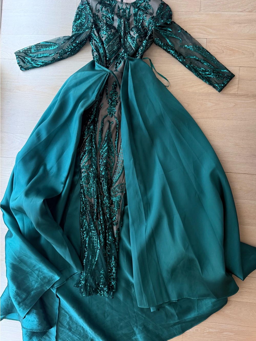 Emerald Green Sequin & Chiffon Evening Dress